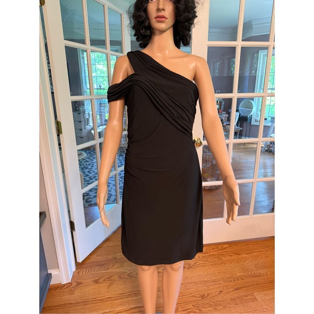 Boston Proper Black One Shoulder Drape Arm Ruched Dress sz 8 NWT
